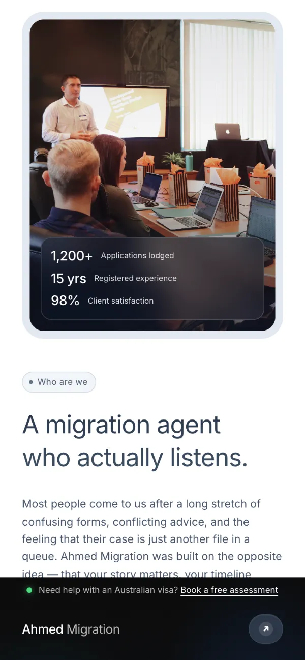Another page of the Ahmed Migration website on a phone