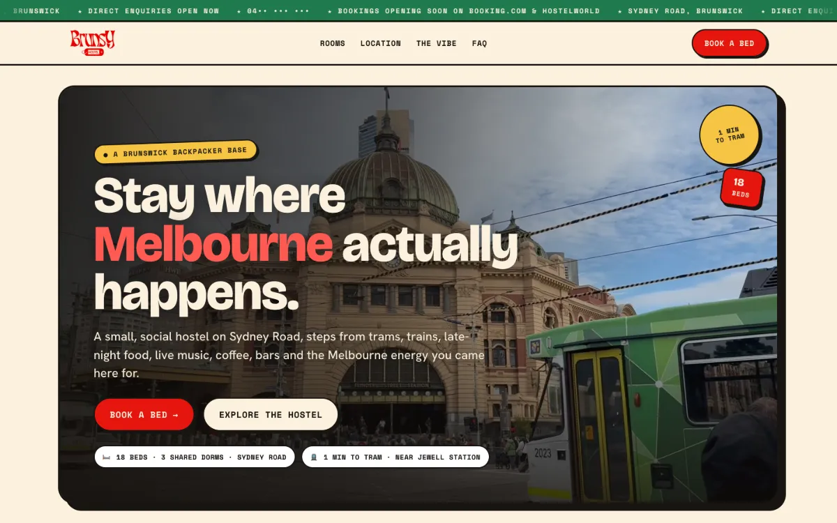Homepage of the Brunsy Hostel website