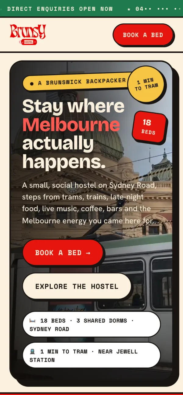 The Brunsy Hostel homepage on a phone