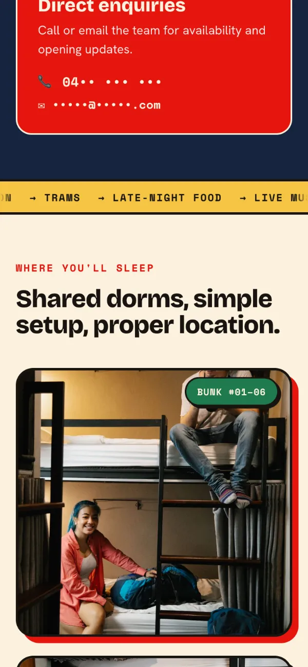 The Brunsy Hostel website on a phone