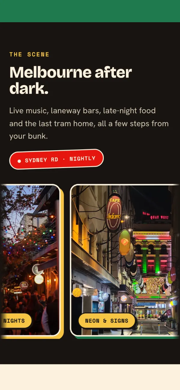 Another page of the Brunsy Hostel website on a phone